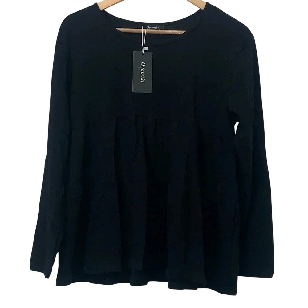 Oyamiki Womens Long Sleeve Babydoll Top Black Size S Empire Waist Tiered Blouse